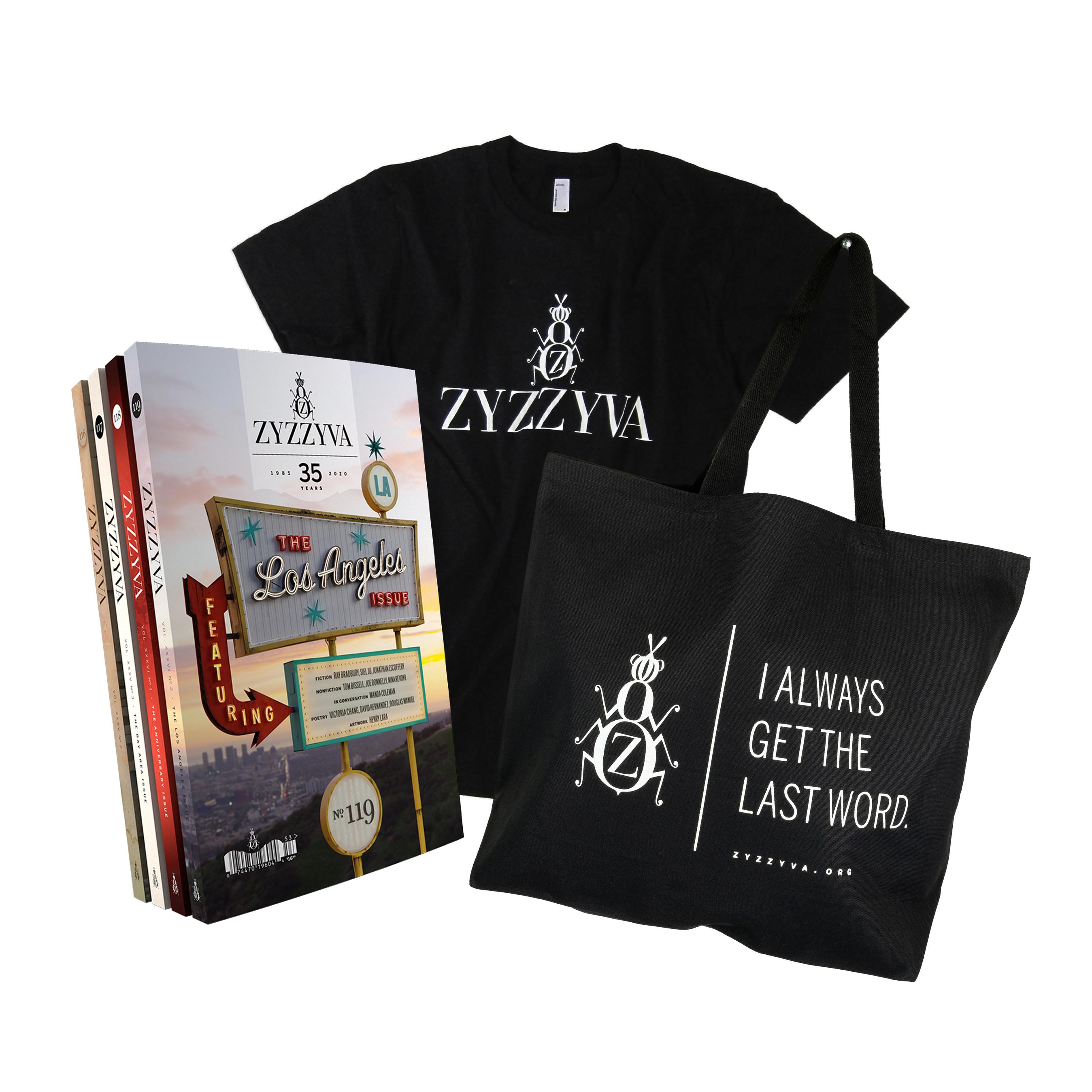 ZYZZYVA T-shirt and subscription bundle ZYZZYVA Essentials Bundle: T-Shirt, Tote Bag, and Subscription