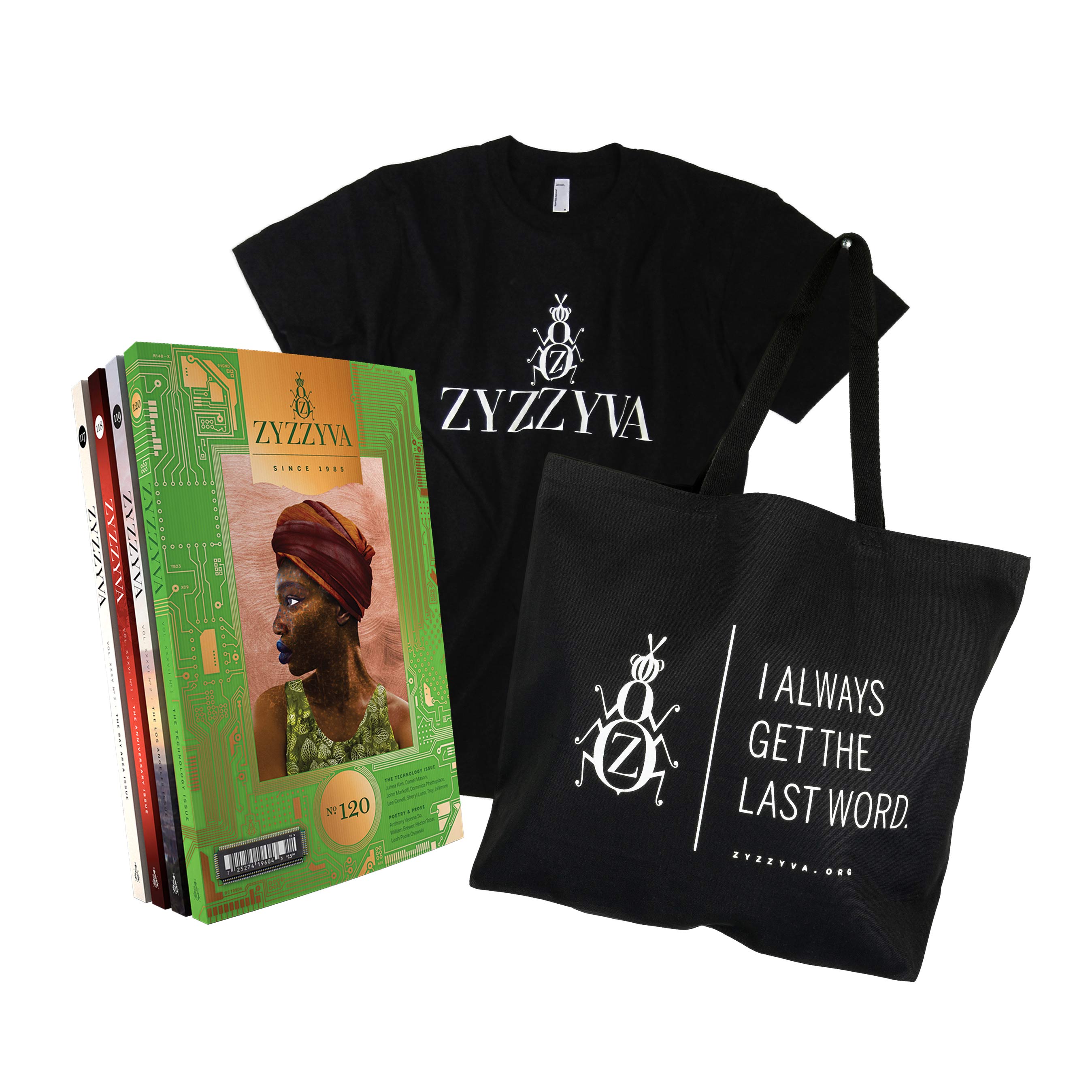 ZYZZYVA T-shirt and subscription bundle ZYZZYVA Essentials Bundle: T-Shirt, Tote Bag, and Subscription