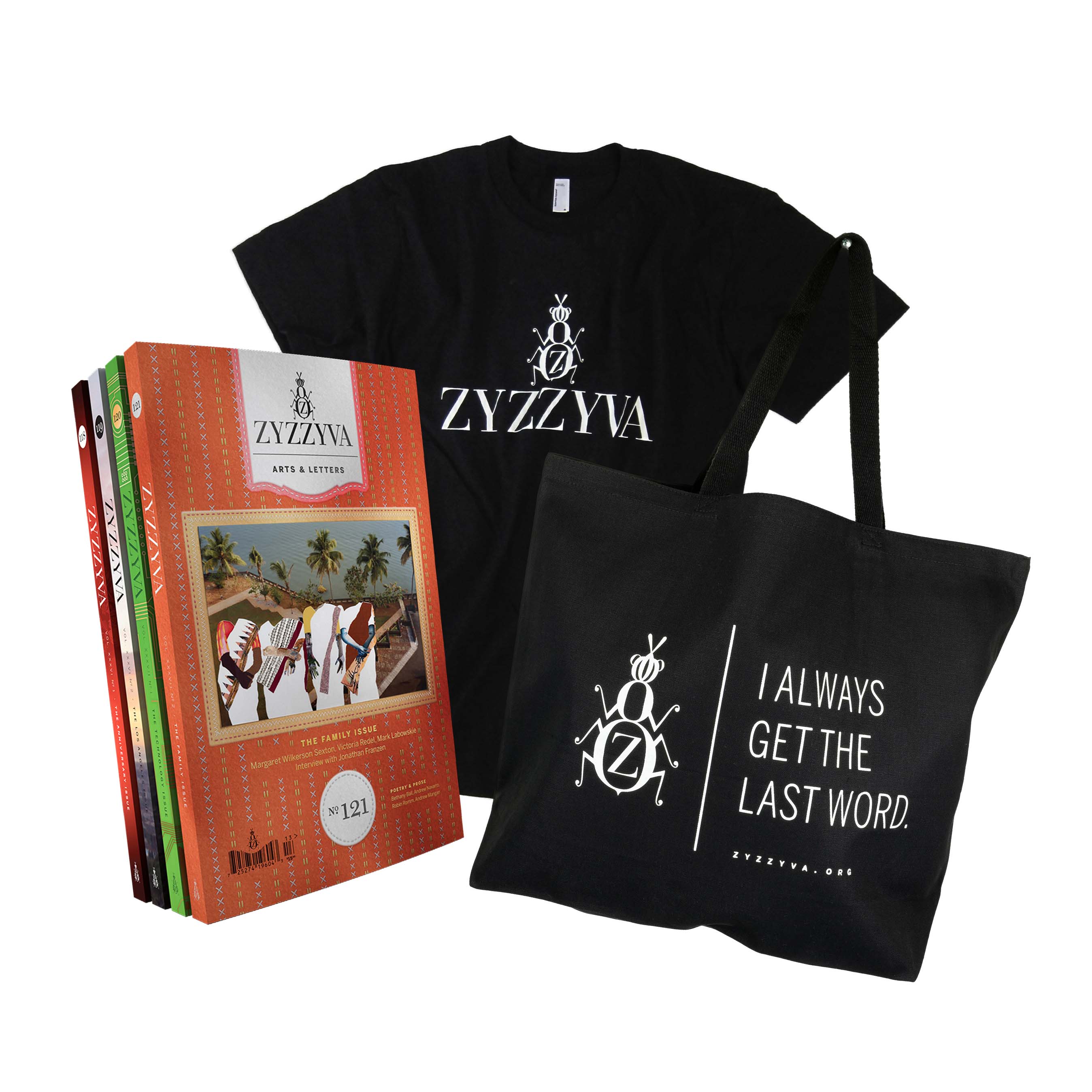 ZYZZYVA T-shirt and subscription bundle ZYZZYVA Essentials Bundle: T-Shirt, Tote Bag, and Subscription