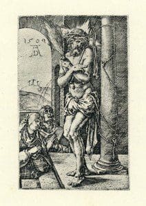 "Man of Sorrows by the Column" (1509) from Durer's "Engraved Passion" series. 