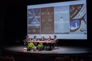 Ayn Gailey, (left), Jami Attenberg, Robin Sloan, Kim Fu, and Scott Hutchins at the Orcas Island Lit Fest in 2018. 