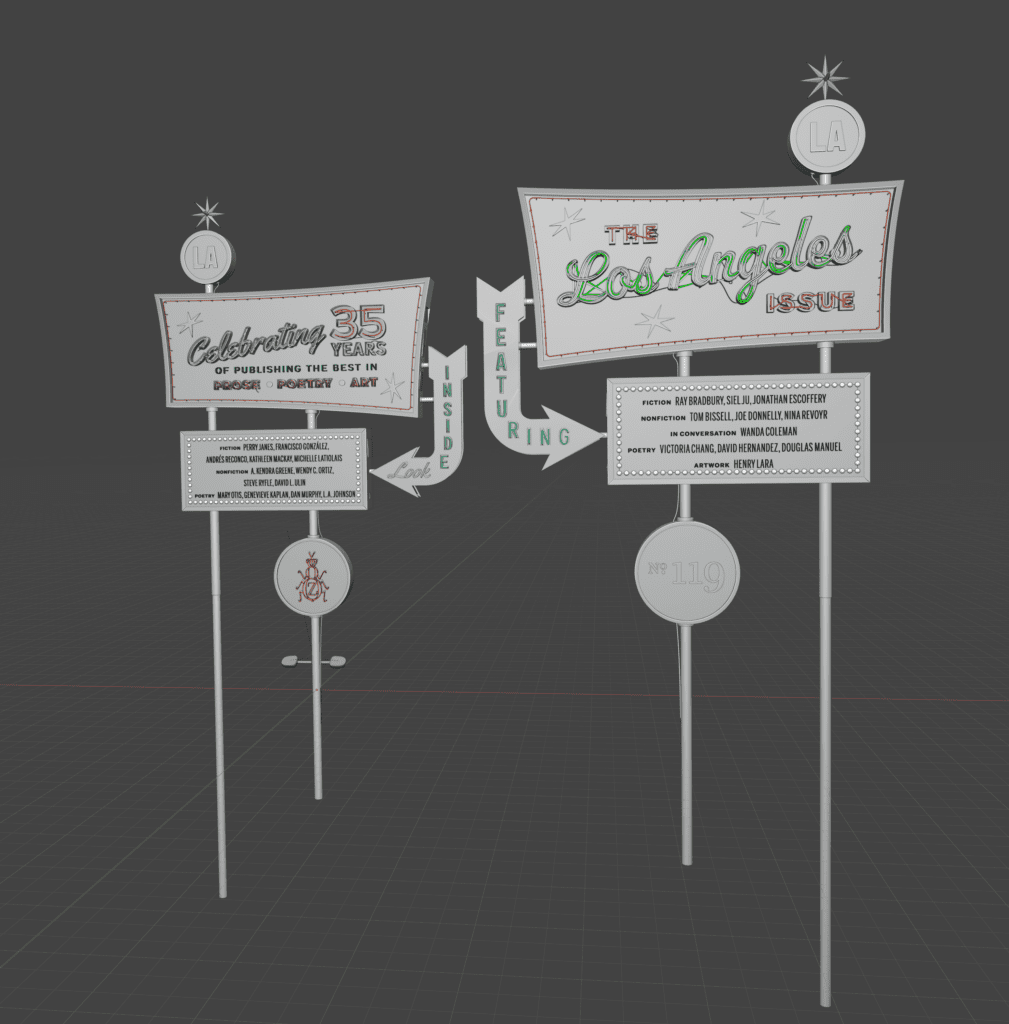 Final 3D model of The Los Angeles Issue sign, without textures or lighting