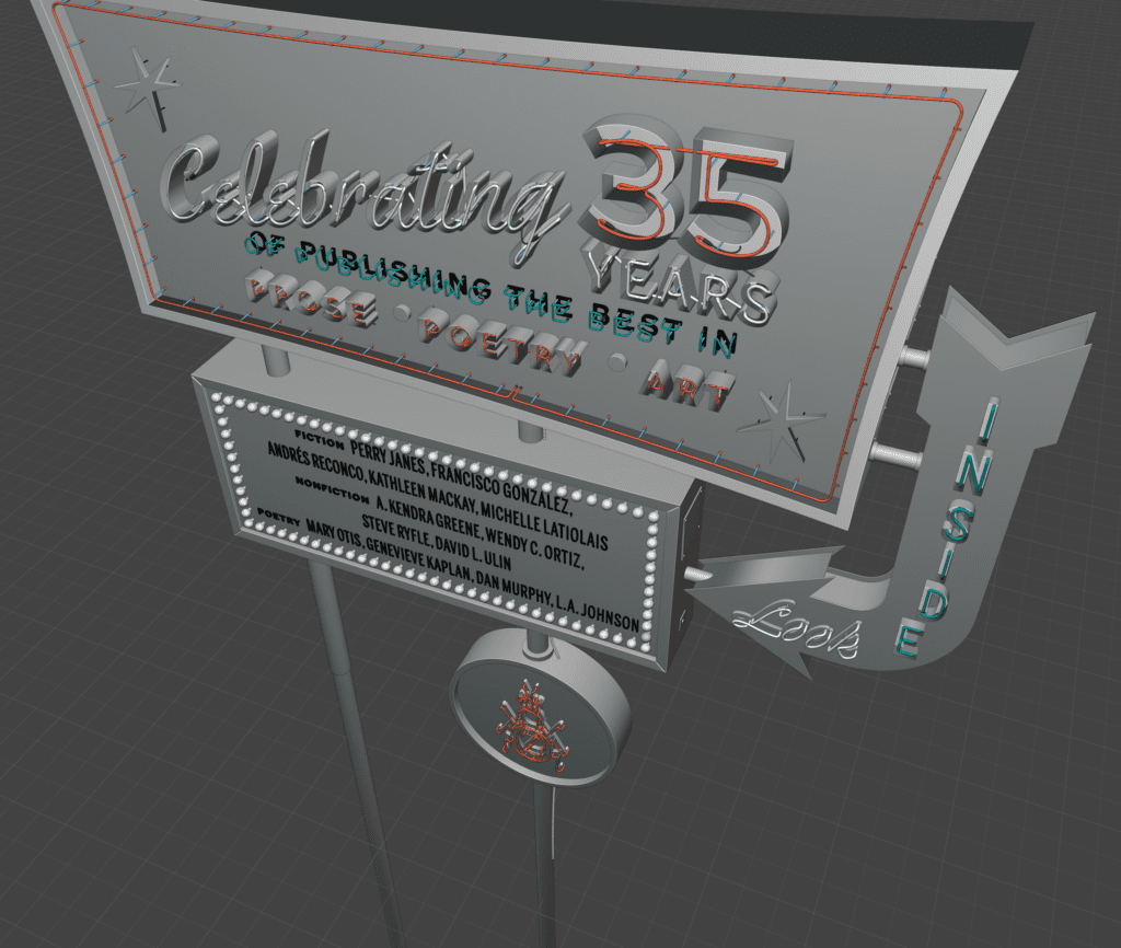 Final 3D model of The Los Angeles Issue sign, without textures or lighting