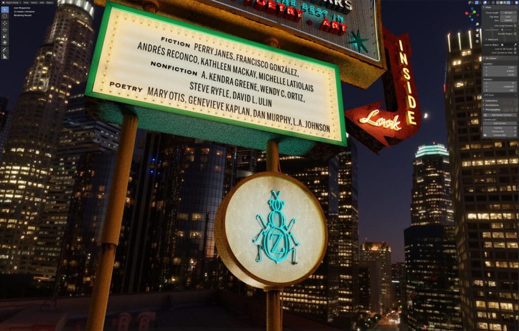 No. 119: 3D viewport of The Los Angeles Issue sign at night with HDRI of downtown Los Angeles in background